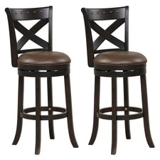 31" Swivel High Bar Stool Set of 2 PU Leather Seat Rubber Wood Legs
