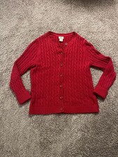 L.L. Bean Women's Medium Cable Knit Red Button Up Cardigan Sweater 258842