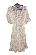 My Story Open Front Tie Ivory Floral Embroidered Sheer Kimono Medium/Large