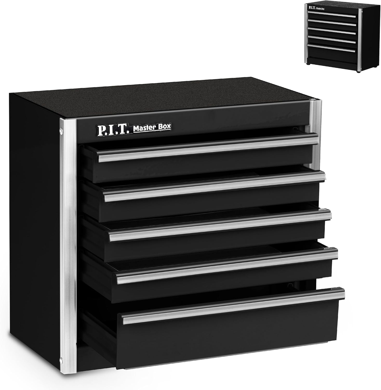 P.I.T. Mini Black Tool Box, Portable 5-Drawer Micro Roll Cab Steel Stackable