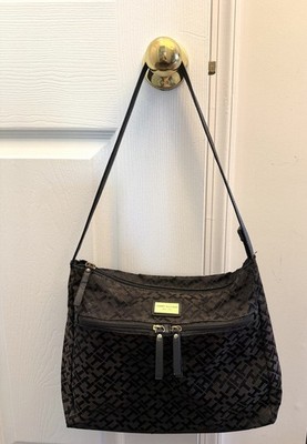 Tommy Hilfiger Monogramed Black Quilted Shoulder Hobo Bag/Purse
