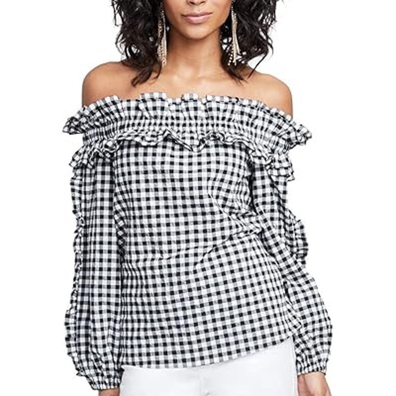 Rachel Roy Ruffled Off-Shoulder Gingham Blouse Long Sleeve Preppy Top
