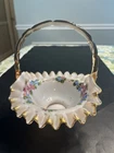 1940s Fenton Charleton Rose Peach Pink Overlay Bamboo Handle Ruffled Basket Bowl