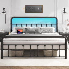 Queen Bed Frame Classic Metal Platform Bed Frame with Charging Station  LED, Vi
