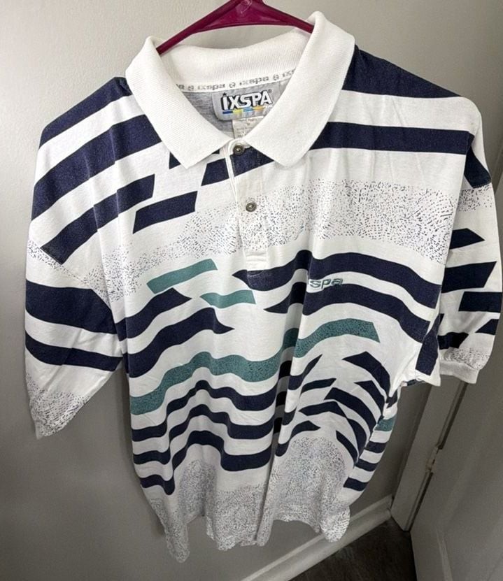 Vintage 90s IXSPA Mens M Polo Shirt Geometric Stripe Golf Tennis 100% Cotton