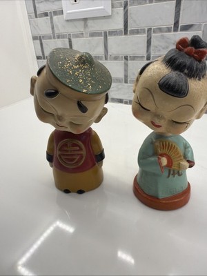 Set Of Two Chinese Bobble Heads Mid-Century Modern 6''
