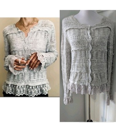 Caroline Constas Cardigan Size M NWT Light Grey Open Knit Lace Button Up Stretch