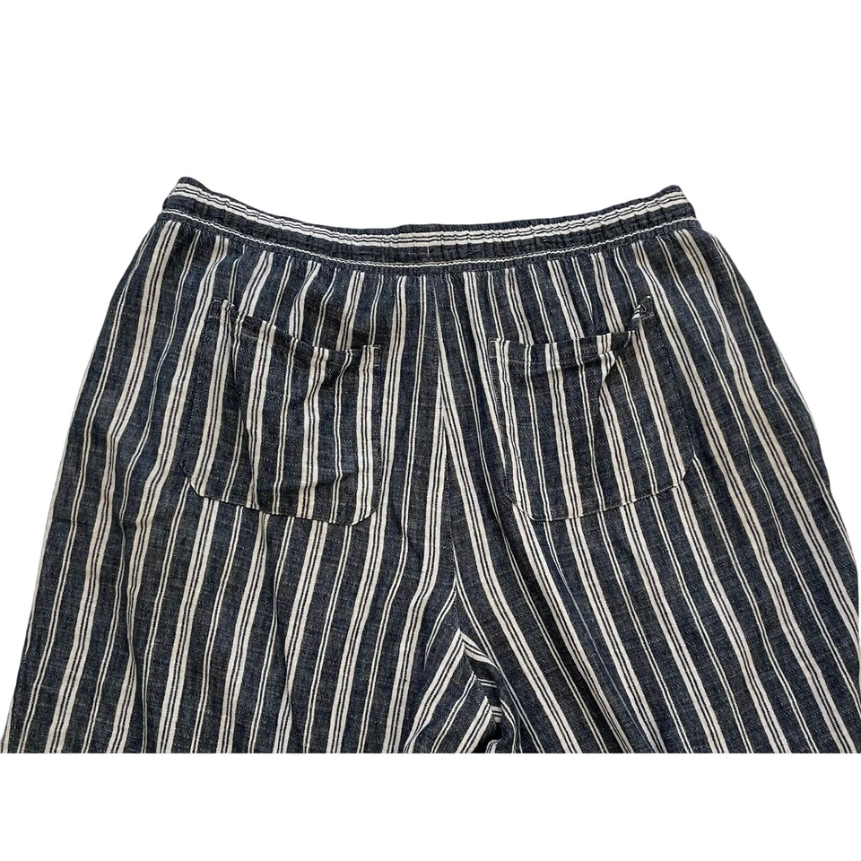 Pantalones a Rayas Azul Marino Antiguo Tiro Alto Pierna Ancha Mezcla Lino/Algodón, XL Foto 3 de 4