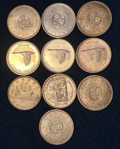 Lot of 10 Canada Silver 1 Dollar Fineness .800 Various Dates ASW 6 Oz