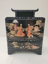 Vintage Japanese Jewelry Box Hand Painted With Abalone Shells Black Lacquer