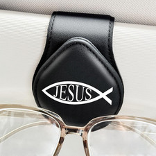 Jesus Fish - Car Sunglass Holder, Magnetic Leather Eyeglass Hanger Mount Clip Ho