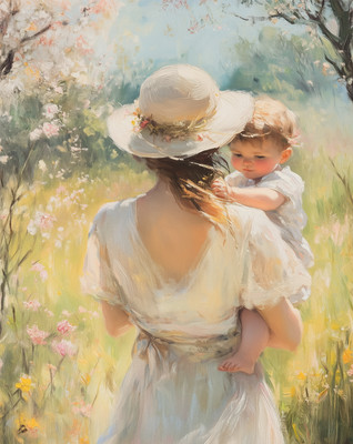 Mutter und Kind auf Wiese Wandkunst - Pastell Poster - 12X16/16X20/18X24/24X36