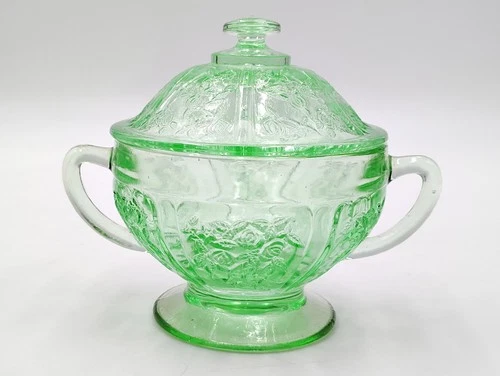 VTG Federal Cabbage Rose Green Depression Glass Sugar Bowl with Lid Embossed