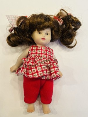 Vintage Delton Porcelain Doll 6 Inch w/ Red Floral Outfit Moveable Jointed BIN A