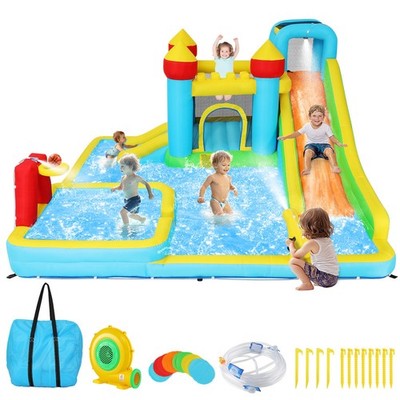 Inflatable Water Slide Park with with Long Slide, Pool, Climbing Wall, Water Gun