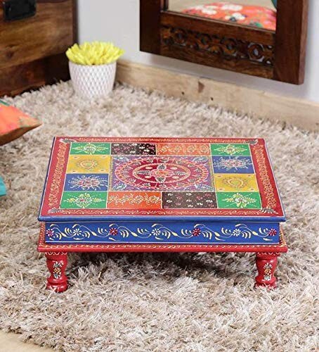 Rajasthan Art & Craft Wooden Chowki Floral Painting Decorative Bajot (C 15 x 15) - Picture 2 of 5