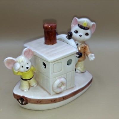 Vintage Musical Ceramic Cat Captain Mouse Boat Music Row Your Boat Sailor Navy