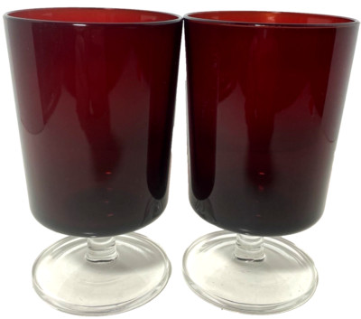 Lot of 2 Vintage Arcoroc France Ruby Red 5 1/8 Pedestal Water Wine Glass