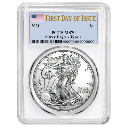 2021 $1 Type 1 American Silver Eagle PCGS MS70 FDOI Flag Label White Frame
