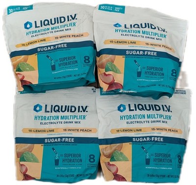 4 pk Liquid IV Hydration Multiplier 15 Lemon Lime & 15 White Peach Sugar Free