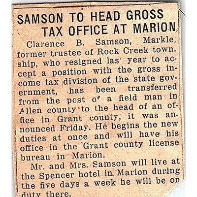 Clarence B Samson to Head Tax Office at Marion - Markle IN 1940s Clipping AG7-H2