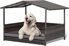 Wicker Dog Bed House, Indoor Outdoor HDPE Rattan Dog Houses, Raised Dog Cot Pet