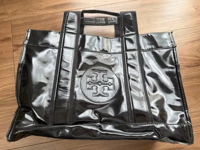 TORY BURCH Cabas À Logo En Cuir Verni Pour Femme Noir Authentique - Photo 1/4