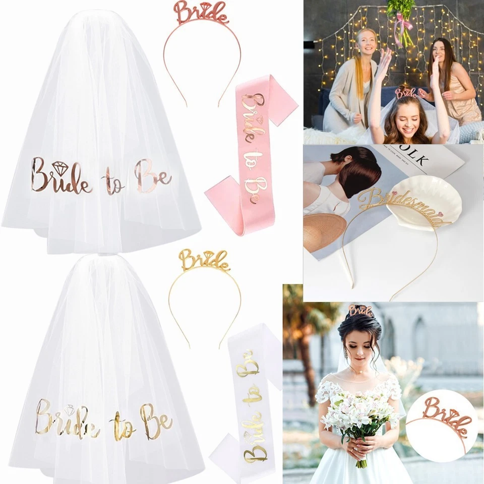 BRIDE TO BE ACCESSORIES VEIL ROSE GOLD TIARA FLORAL SASH HEN PARTY NIGHT TEAM - Image 2 of 4