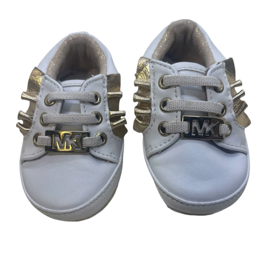 Michael Kors MK Infantil Bebé Riel Blanco Dorado Cuna Zapatos Talla 3 Foto 2 de 4