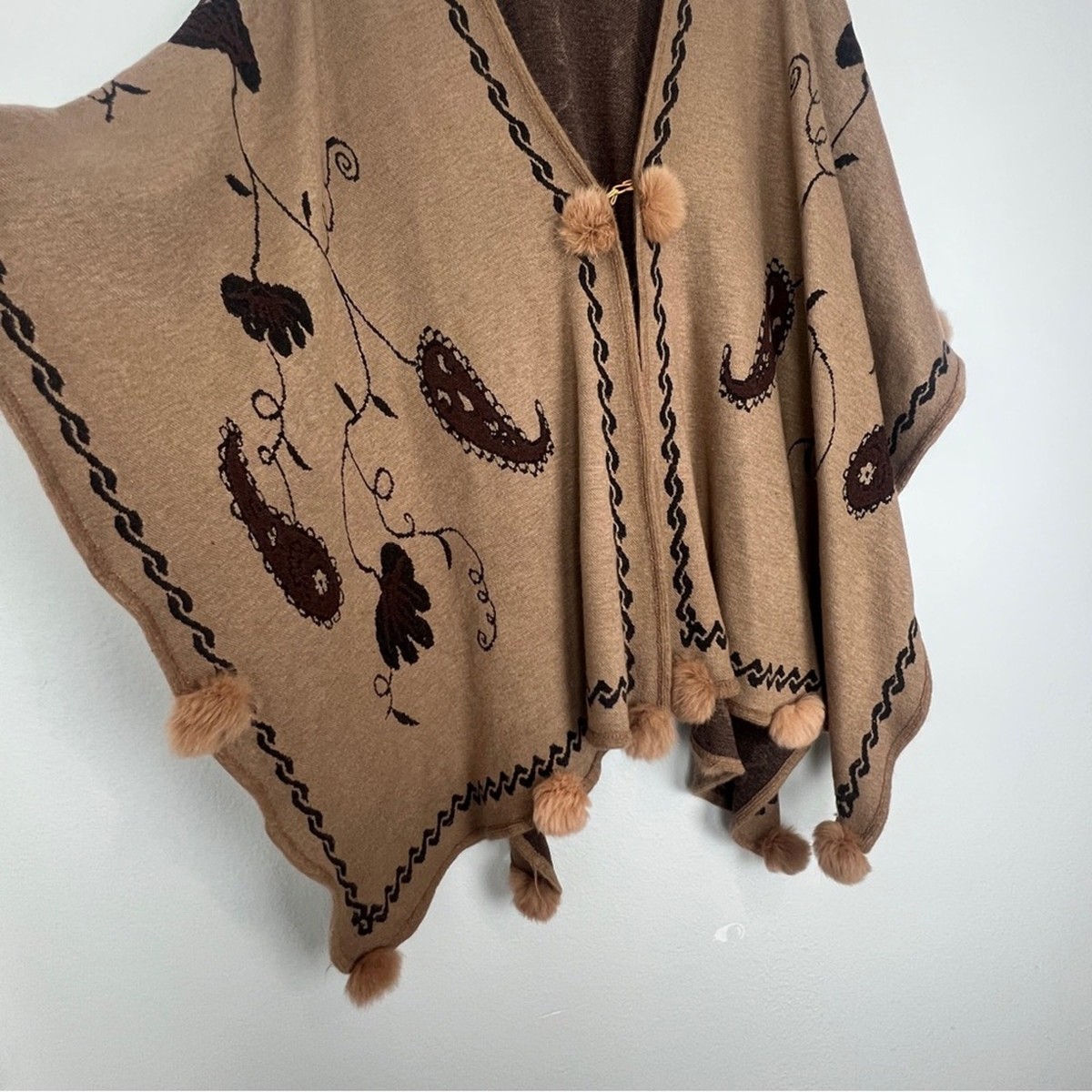 Brown Tan Boho Blanket Poncho Fur Puffs Cottage Paisley Western View 2