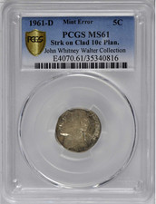 1961-D PCGS MS61 Experimental Clad Dime Planchet Struck by Jefferson Nickel Dies