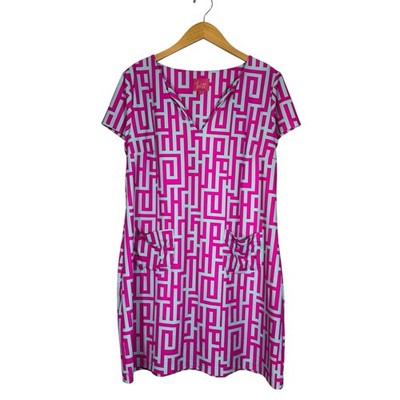 Britt by Britt Ryan Pink Blue Shift Dress Sz LG Nylon/Spandex V Neck Pockets