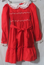 Vintage Polly Flinders Hand Smocked Red Lace trimmed Dress Size 6