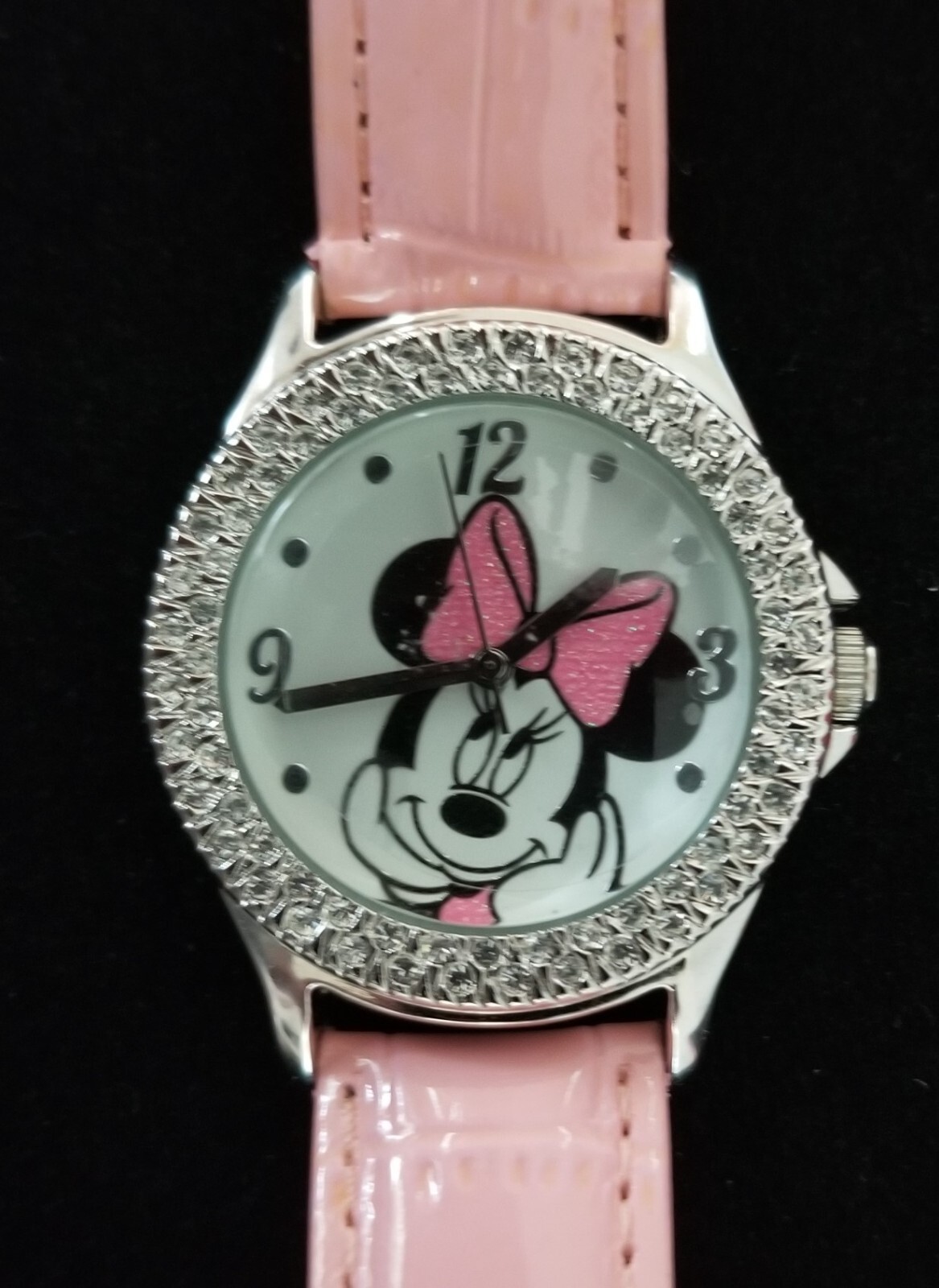 Sanrio Disney MZB Watch Silver Tone Crystal Bezel Pink Faux Leather Band 5.5"-7"