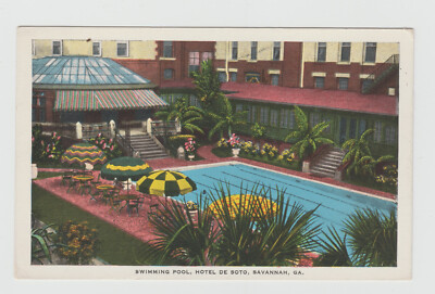 Hotel DeSoto (Torn Down in 1968) Savannah GA 1930's Pool Postcard 656