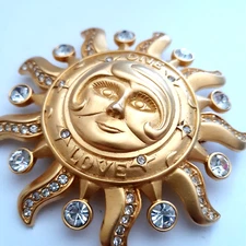 Kirks Folly Large Sun Face Brooch Matte Gold Tone Rhinestones Statement Signed