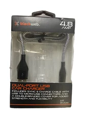 BLACKWEB Dual Port USB Car Charge Cable w 3 Ft Double Braided Cover 4.8 amp