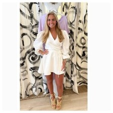 NWT NONCHALANT Women's Damica White Wrap Balloon Sleeve Mini Dress Size Medium