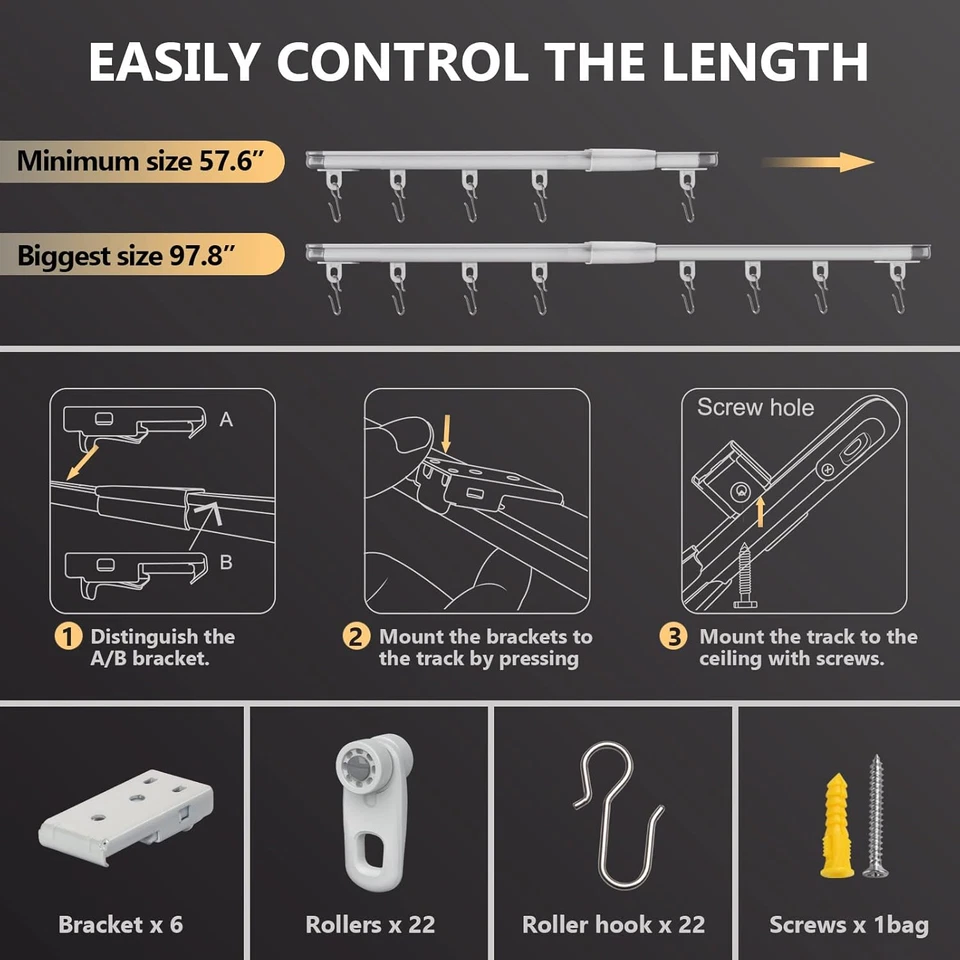 Ceiling Curtain Track,Retractable Ceiling Track for Curtains,4.8-8.15Ft,Room Div - Image 4 of 4