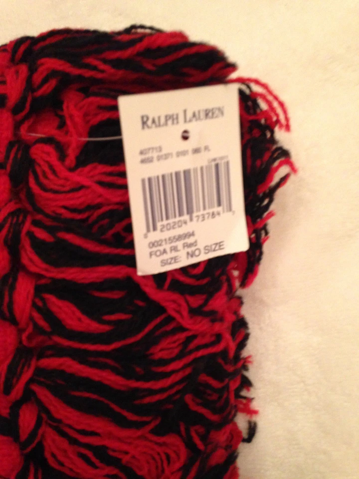 NUEVO CON ETIQUETAS Ralph Lauren $88 Lana Cachemira Rojo Negro Bufanda con Flecos Largos 7" x 86" Foto 4 de 4
