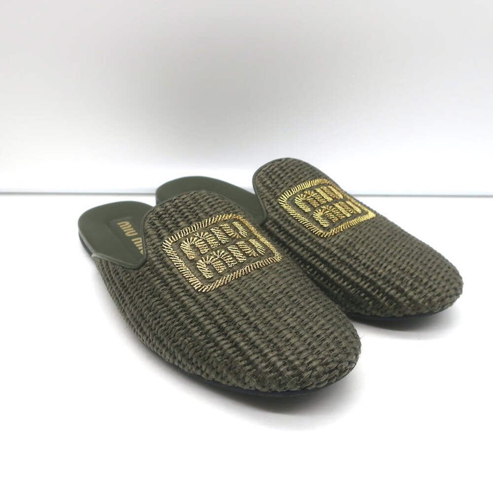 Miu Miu Raffia-Effect Logo Slippers Military Green Size 38.5
