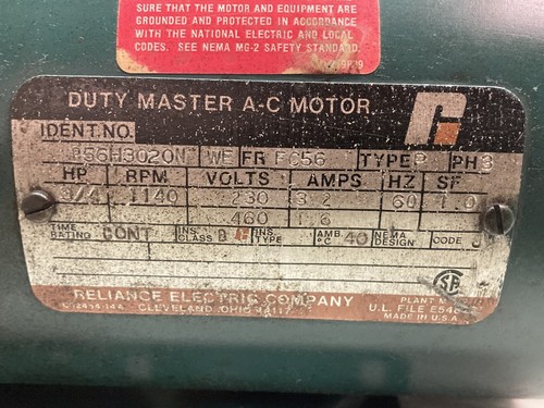 Reliance,P56H3020N,Motor 3/4HP 1140RPM 230/460V 3PH FC56 - Picture 2 of 4