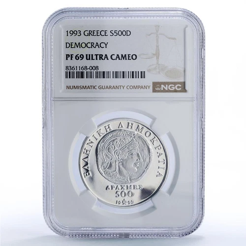 Greece 500 drachmes Democracy Anniversary Seated Zeus PF 69 NGC silver coin 1993
