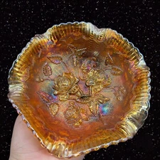 Vintage Imperial Glass Rose Pattern 1960s Carnival Marigold Art Glass Bowl 7"W