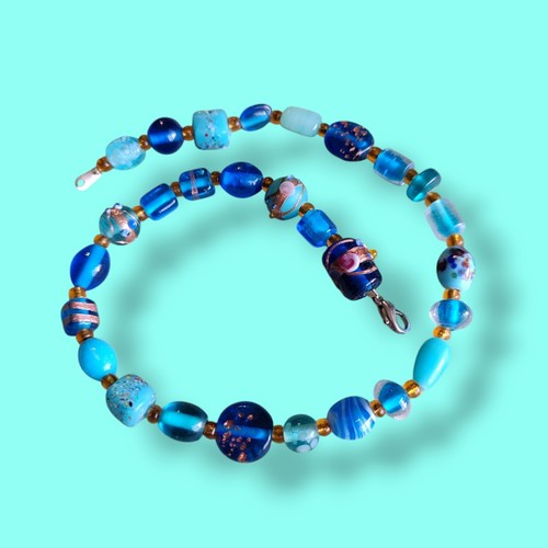 15in Cobalt & Light Blue Wedding Cake Foil Glass Mix Bead Necklace Choker