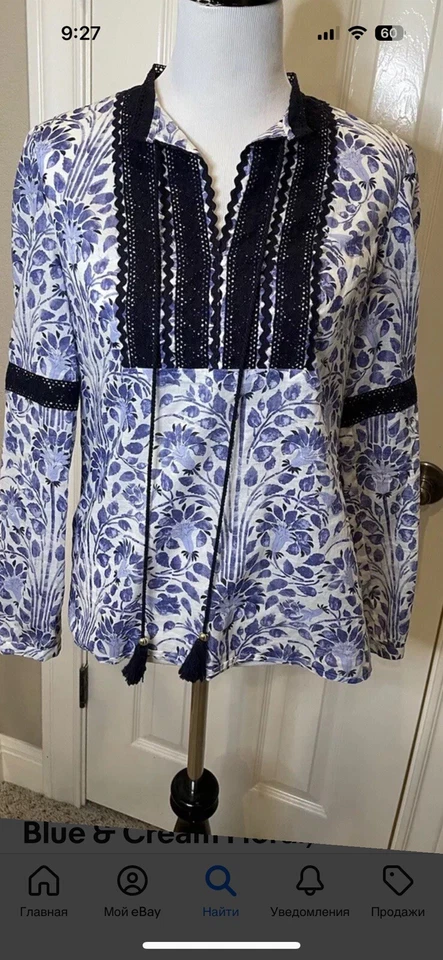 Tory Burch 棉束腰外衣蓝色和奶油色花卉海军蓝孔眼花边带领带流苏,尺寸 2