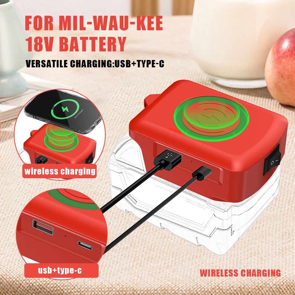 USB+Type C Phone Wireless Charger Adapter Power Source For Milwaukee 18V  Battery