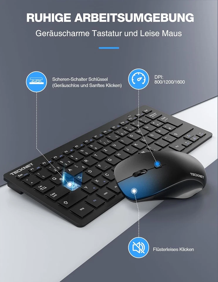 TECKNET Kabelloses Tastatur Maus Set, Deutsch QWERTZ Layout, 2.4 Ghz Funk Mini T - Bild 3 von 4