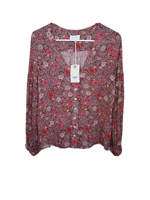 NWT Lucky Brand Floral Button Down Boho Blouse XS v neck Balloon Sleeve 