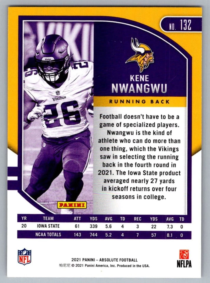 2021 Panini Kene Nwangwu Minnesota Vikings #132 - Image 2 of 2